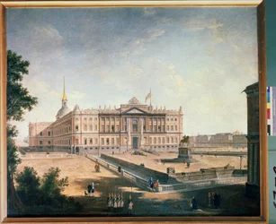 Zicht op het Michailpaleis en het Connetableplein in Sint-Petersburg