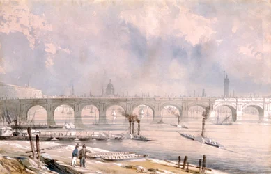 Waterloo Bridge, kijkend naar de stad, Londen, 1847