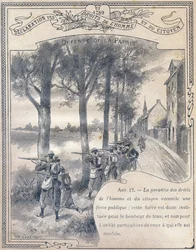 1789: Verklaring van de rechten van de mens en de burger: Verdediging van het vaderland. Gravure in "Het unieke boek van moraal en burgerlijke instructie, bestemd voor de leerlingen van de drie cursussen van de lagere school en voor de lagere klassen van d