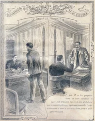 1789: Verklaring van de rechten van de mens en de burger: Het eigendomsrecht. Gravure in "Het unieke boek van moraal en burgerschapsinstructie, bedoeld voor leerlingen van de drie cursussen van de lagere school en voor die van de lagere klassen van de Lyce
