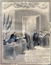 1789: Verklaring van de rechten van de mens en de burger: nationale soevereiniteit. Gravure in "Het enige boek voor moraal en burgerschapsvorming, bestemd voor leerlingen van de drie leerjaren van de lagere school en voor die van de lagere klassen van