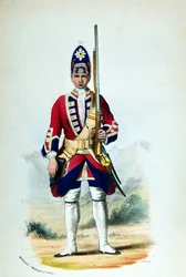 Een soldaat in de Royal North British Fusiliers in 1742, voor Cannons Military Records