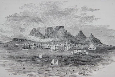 Kaapstad gezien vanaf Tafelbaai, Zuid-Afrika, uit 