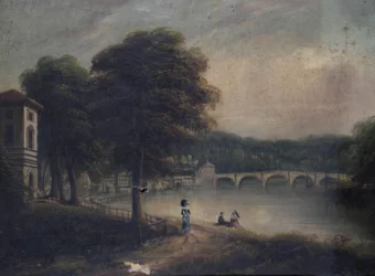 Asgill House bij Cholmondeley Walk, Richmond, Surrey, kijkend naar Richmond Bridge
