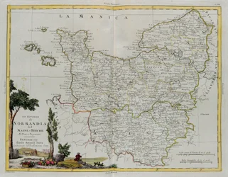 Gouvernances van Normandië, Maine en Perche, gravure door G. Zuliani uit Tome I van de Nieuwste Atlas gepubliceerd in Venetië in 1777 door Antonio Zatta, Privécollectie