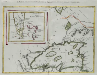 Land van de Ottawa en Kilistine Indianen rond Lake Superior en een supplement van oostelijk Florida, gravure door G. Zuliani uit Tome I van de "Nieuwste Atlas" gepubliceerd in Venetië in 1778 door Antonio Zatta, Privécollectie