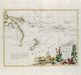 Nieuwe ontdekkingen gedaan in 1775, 67 en 69 in de Zuidzee, gravure door G. Zuliani uit Tome I van de Nieuwste Atlas gepubliceerd in Venetië in 1776 door Antonio Zatta, Privécollectie