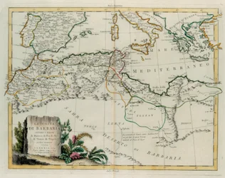 De Barbarijse Kust of de Koninkrijken Marokko, Fez, Algerije, Tunesië en Tripoli met omliggende landen, gravure door G. Zuliani uit Tome IV van de "Nieuwste Atlas" gepubliceerd in Venetië in 1784 door Antonio Zatta, Privécollectie