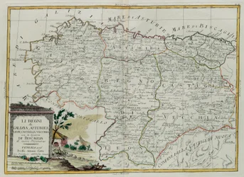 De koninkrijken Galicië, Asturië, Leon, Castilla Vieja met de Raad van Biscallia, gravure door G. Zuliani uit Tome I van de Nieuwste Atlas gepubliceerd in Venetië in 1776 door Antonio Zatta, Privécollectie