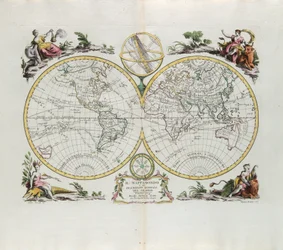 Wereldkaart en een algemene beschrijving van de globe, gravure door G. Zuliani uit Tome I van de Nieuwste Atlas gepubliceerd in Venetië in 1774 door Antonio Zatta
