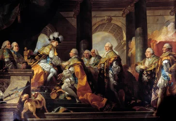 Koning Lodewijk XVI (1754-1793) ontvangt in Reims de hulde van de Ridders van de Orde van de Heilige Geest na zijn wijding op 13/06/1775 (detail)