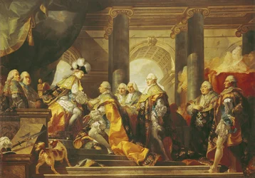 Lodewijk XVI (1754-93) koning van Frankrijk, ontvangt de hulde van de ridders van de Orde van St. Esprit in Reims, 13 juni 1775