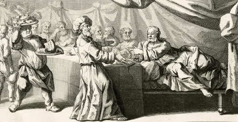Jezus uitgenodigd voor het diner bij de Farizeeër, illustratie uit het Evangelie van Sint Lucas, hoofdstuk 11:37, 1728