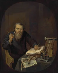 Een notaris die zijn pen slijpt, in een interieur