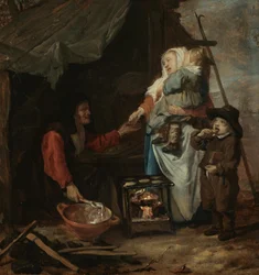 Een oude vrouw die pannenkoeken verkoopt