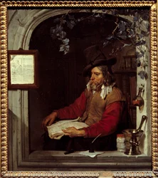 De apotheker of de chemicus. Schilderij van Gabriel Metsu (1629-1667), Nederlandse school