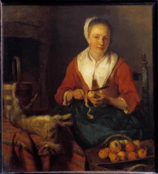 De appelschil. Een vrouw schilt appels om met een konijn te koken. Ec. Hol.