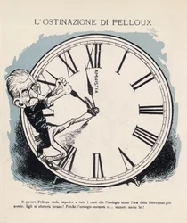 Cartoon van de voorzitter van de Italiaanse ministerraad Luigi Pelloux (1839-1924) die op alle mogelijke manieren de klok probeerde te houden om het uur van de algemene bevrijding in 1898 te luiden. Zijn regering was erg militaristisch en conservatief. Vig