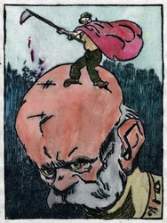 Frans Jozef I van Oostenrijk met op zijn hoofd de dood die uitroept Wat een stoer hoofd! 1915 (gravure)