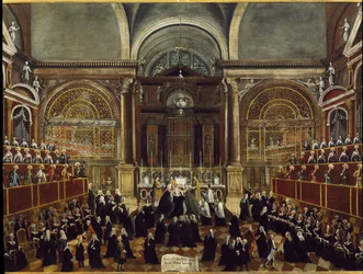 Ceremonie van het aannemen van een nonnenkleed in de kerk van San Lorenzo in Venetië (detail)