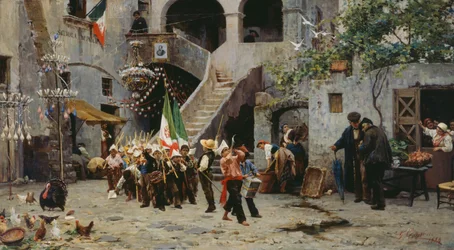 Lang leve de koning, processie van kinderen met Italiaanse vlag