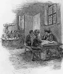 Renzo, Tonio en Gervase in de herberg, Hoofdstuk VII, illustratie door Gaetano Previati (1852-1920) voor Verloofden, historische roman door Alessandro Manzoni (1785-1873)