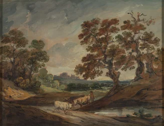 Landschap: drie koeien op de voorgrond in het midden
