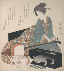Vrouw die een Shamisen Stemt en een Kat die naar zijn Eigen Reflectie Kijkt, midden jaren 1820