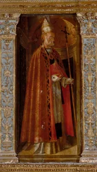 Polyptiek van de Geboorte, zijpanelen met heiligen Petrus, Paulus, Clemens en Magdalena, detail van Sint Clemens
