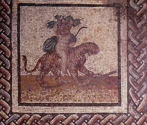 Gallo-Romeinse kunst: mozaïekvloer die een rustieke kalender voorstelt. Allegorie van de herfst zittend op een tijger. Eind 2e, begin 3e eeuw na Chr. Uit Saint-Romain-en-Gal (Rhône). Saint Germain en Laye, Nationaal Archeologisch Museum