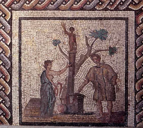Gallo-Romeinse kunst: mozaïekvloer die een rustieke kalender voorstelt. Offerscène aan Ceres en Apollo. Eind 2e, begin 3e eeuw na Chr. Uit Saint-Romain-en-Gal (Rhône). Saint Germain en Laye, Nationaal Archeologisch Museum