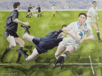 Rugbywedstrijd: Engeland tegen Nieuw-Zeeland in de Wereldbeker, 1991, Rory Underwood wordt getackeld