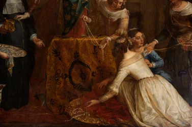 Parochiekerk (Eglise Saint-Brice). De Aartshertogin Isabel van Spanje geeft haar sieraden aan de basiliek Saint-Martin van Halle. Gaspar de Crayer
