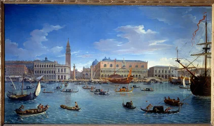 Gezicht op Venetië, de pier, het plein en het Dogenpaleis, vanaf het eiland San Giorgio