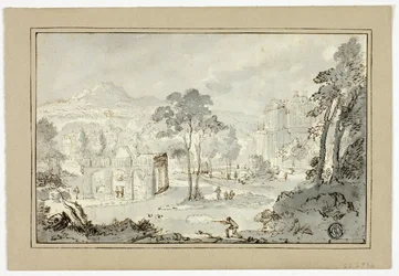 Jager met hond, andere figuren in landschap met villa, kanaal, piramide