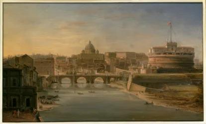 Rome: Uitzicht op de Tiber naar het zuiden met de Engelenburcht en de Sint-Pietersbasiliek in de verte