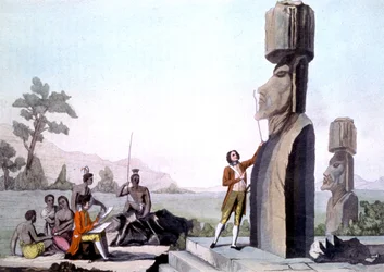 La Perouse met zijn bemanning, die de Beelden op Paaseiland meten (1786), gravure