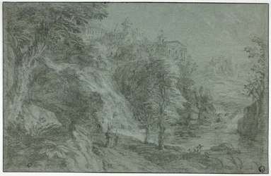 Italianiserend landschap met kerk op klif
