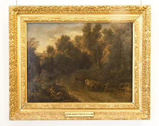 Een klassiek landschap met een ossenkar en figuren