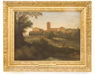 Klassiek landschap met een man die een kudde schapen drijft