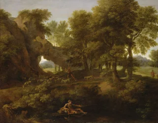 Landschap met een visser, een herder en andere figuren