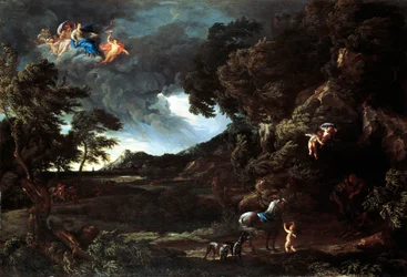 Landschap met de vereniging van Dido en Aeneas, ca. 1664-48