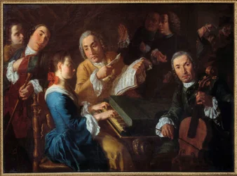 Het concert: een musicus aan het klavecimbel en een cellist, schilderij van Gaspare Traversi (1722-1770), 18e eeuw, 0,96 x 1,3 m, Rouen, Musée des Beaux-Arts.