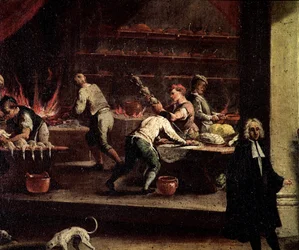 Venetiaanse koks aan het werk in een keuken (detail) - Schilderij toegeschreven aan Gaspare Diziani (1698-1767), vaandel van de kunst van koks (Arte dei cuochi) Venetië, Museo Correr