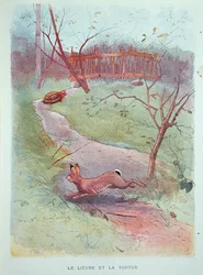 De haas en de schildpad, illustratie uit de Fabels van Jean de la Fontaine (1621-95) begin 20e eeuw