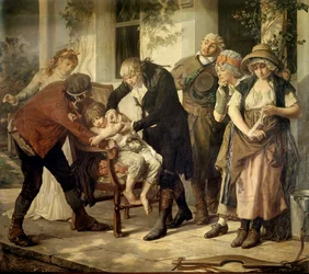 De eerste vaccinatie door Edward Jenner (1749-1823), de Britse arts die het vaccin tegen pokken ontdekte. Schilderij van Gaston Mélingue (1840-1914), 1796. Parijs, Academie voor Geneeskunde