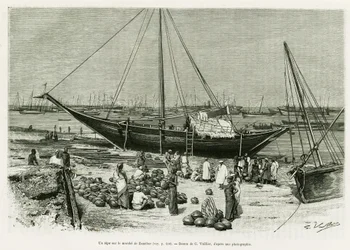 Een tepe op de Zanzibar-markt (Tanzania). Gravure door G.Vuillier, ter illustratie van het verhaal Reis onder de Benadirs, Somali