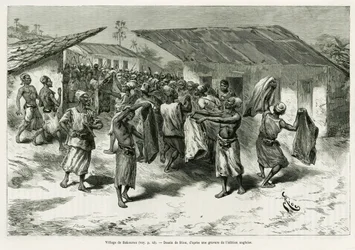 Het dorp Bakourou, de inheemse bevolking krijgt geschenken aangeboden voor vredesonderhandelingen. Gravure door G.Vuillier, ter illustratie van het verhaal Dans les tenebres de l