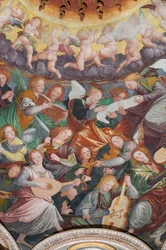 Detail van de Tenhemelopneming van de Heilige Maagd, bekend als "Het koor van engelen die muziek spelen", Koepel van het transept, vanaf 1534
