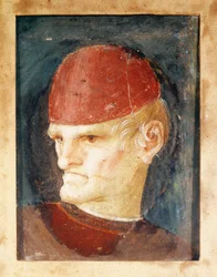 Italië, Varallo, Fragment van fresco van een hoofd